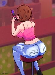 Rule 34 | 1girl, artist request, ass, bare shoulders, breasts, cellphone, curvy, dimples of venus, facing away, female focus, highres, huge ass, large breasts, navel, persona, persona 3, phone, short hair, sitting, solo, takeba yukari