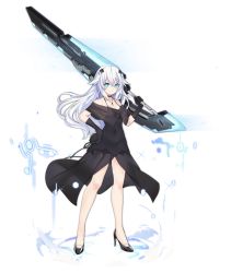 Rule 34 | &gt;:), 1girl, azur lane, bare shoulders, black choker, black dress, black flower, black footwear, black gloves, black heart (neptunia), black rose, blue eyes, breasts, bright pupils, choker, cleavage, clothes lift, collarbone, covered navel, crossed bangs, dot nose, dress, dress lift, flower, full body, gloves, hair between eyes, hair flaps, hair ornament, hand on own hip, high heels, highres, holding, holding sword, holding weapon, jewelry, legs, legs apart, long hair, medium breasts, necklace, neptune (series), no bra, noire (neptunia), off shoulder, official art, over shoulder, power symbol, power symbol-shaped pupils, rose, see-through, shoes, solo, standing, sword, symbol-shaped pupils, tachi-e, transparent background, tsunako, v-shaped eyebrows, weapon, weapon over shoulder, white hair, white pupils, wind, wind lift