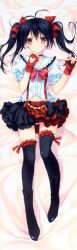 Rule 34 | 10s, 1girl, absurdres, bed, bed sheet, black hair, black thighhighs, blouse, blush, bokura wa ima no naka de, bow, dakimakura (medium), earrings, fingerless gloves, from above, full body, gloves, hair bow, highres, huge filesize, jewelry, legs, looking at viewer, love live!, love live! school idol project, lying, on back, on bed, panties, pantyshot, pink panties, red eyes, red gloves, shirt, solo, suzuhira hiro, thighhighs, twintails, underwear, yazawa nico