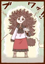 Rule 34 | 1girl, animal ears, boots, border, brooch, brown eyes, brown hair, frills, imaizumi kagerou, jewelry, long hair, long sleeves, looking at viewer, pendant, poronegi, solo, static electricity, tail, touhou, wolf ears, wolf tail