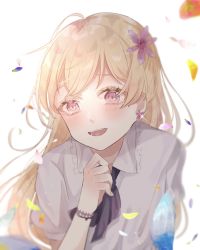Rule 34 | 1girl, bad id, bad pixiv id, bang dream!, blonde hair, collarbone, earrings, flower, hair flower, hair ornament, half updo, highres, jewelry, long hair, open mouth, petals, purple eyes, shain, shirasagi chisato, smile, solo, white background