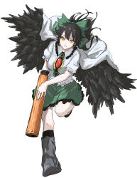 Rule 34 | 1girl, alternate eye color, arm cannon, bird wings, black hair, black wings, bow, breasts, buttons, cape, center frills, collared shirt, commentary request, control rod, frilled shirt, frilled shirt collar, frilled skirt, frilled sleeves, frills, full body, green bow, green skirt, hair between eyes, hair bow, highres, kashiwada kiiho, long hair, looking at viewer, medium breasts, open mouth, reiuji utsuho, running, shirt, short sleeves, simple background, skirt, smile, solo, third eye, touhou, weapon, white background, white cape, white shirt, wings, yellow eyes