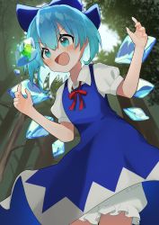 Rule 34 | 1girl, bloomers, blue bow, blue dress, blue eyes, blue hair, bow, cirno, dress, frog, hair bow, highres, ice, ice wings, machimo, open mouth, red ribbon, ribbon, short hair, short sleeves, solo, touhou, tree, underwear, wings