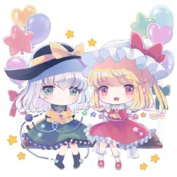 Rule 34 | 2girls, ascot, balloon, bat wings, black hat, blonde hair, blouse, bow, buttons, chibi, crystal, diamond button, eyeball, flandre scarlet, frilled shirt collar, frilled sleeves, frills, green hair, green skirt, hat, hat bow, hat ribbon, heart, heart of string, hiyuu (hiyualice), komeiji koishi, mob cap, multicolored wings, multiple girls, one side up, open mouth, puffy short sleeves, puffy sleeves, red eyes, red skirt, red vest, ribbon, shirt, short sleeves, side ponytail, skirt, skirt set, star (symbol), touhou, vest, white background, white hat, wide sleeves, wings, yellow ascot, yellow bow, yellow ribbon, yellow shirt
