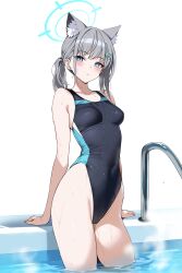 Rule 34 | 1girl, absurdres, animal ear fluff, animal ears, ateoyh, bare arms, bare legs, bare shoulders, blue archive, blue eyes, breasts, competition swimsuit, covered navel, extra ears, grey hair, hair ornament, halo, highres, looking at viewer, official alternate costume, one-piece swimsuit, shiroko (blue archive), shiroko (swimsuit) (blue archive), small breasts, solo, swimsuit, thighs, wet, wolf ears