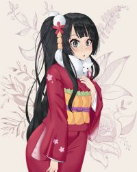 Rule 34 | 1girl, absurdres, akiyama mio, black eyes, black hair, blunt bangs, highres, japanese clothes, k-on!, kimono, long hair, long sleeves, looking at viewer, parted lips, ponytail, side ponytail, solo, teeth, upper teeth only, young savage