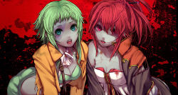 Rule 34 | 2girls, breasts, cleavage, colored skin, cul, fangs, green eyes, green hair, grey skin, gumi, jacket, long hair, medium breasts, gumi (v3 megpoid), messy hair, multiple girls, open mouth, ponytail, red eyes, red hair, scar, short hair, small breasts, stitches, torn clothes, uprightleftdownchuchuchu, vocaloid, zombie