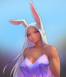 Rule 34 | 1girl, animal ears, bare shoulders, boku no hero academia, breasts, cleavage, collarbone, commentary, dark-skinned female, dark skin, dress, english commentary, gabriel carrasquillo, halterneck, highres, large breasts, lipgloss, long eyelashes, long hair, looking at viewer, mirko, parted bangs, polka dot, polka dot background, purple dress, rabbit ears, rabbit girl, red eyes, solo, toned, upper body, white hair