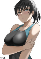 Rule 34 | 1girl, absurdres, amagami, arm under breasts, black eyes, black hair, blush, breasts, closed mouth, commentary request, competition swimsuit, highres, long hair, looking at viewer, medium breasts, mori heichi, one-piece swimsuit, ponytail, short hair, solo, swimsuit, tsukahara hibiki