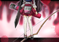 Rule 34 | 1girl, akagi (kancolle), arrow (projectile), bad id, bad pixiv id, bow (weapon), brown hair, d.a, death, female focus, flight deck, head out of frame, highres, japanese clothes, kantai collection, long hair, mahou shoujo madoka magica, mahou shoujo madoka magica (anime), mami mogu mogu, muneate, parody, quiver, red skirt, shoes, skirt, solo, style parody, thighhighs, weapon, white thighhighs