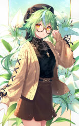 Rule 34 | 1girl, absurdres, adjusting eyewear, alternate costume, animal ears, arm at side, belt, black belt, black headwear, black shirt, breasts, brown skirt, bshi edayo, cardigan, contemporary, cowboy shot, floppy ears, floral print, flower, genshin impact, glasses, green hair, hand on eyewear, hand up, highres, jewelry, leaf, long hair, long sleeves, medium breasts, multicolored hair, necklace, open cardigan, open clothes, parted lips, ponytail, print shirt, round eyewear, semi-rimless eyewear, shirt, sidelocks, skirt, solo, streaked hair, sucrose (genshin impact), turtleneck, yellow cardigan, yellow eyes