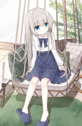 Rule 34 | 1girl, blue bow, blue eyes, blue footwear, blue skirt, blush, bow, closed mouth, collared shirt, commentary request, dress shirt, full body, glass table, grey hair, hair between eyes, healer girl (yuuhagi (amaretto-no-natsu)), indoors, long hair, long sleeves, no socks, original, pillow, plant, pleated skirt, shirt, single slipper, sitting, skirt, sleeves past wrists, slippers, solo, table, very long hair, white shirt, wooden floor, yuuhagi (amaretto-no-natsu)