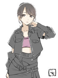 Rule 34 | 1girl, animification, arm at side, artist name, belt, black belt, black jacket, black skirt, breast pocket, brown eyes, brown hair, clothes writing, collarbone, commentary request, contrapposto, cowboy shot, crop top, detached sleeves, gochisousama (tanin050), hair bun, hand on own cheek, hand on own face, hand up, high-waist skirt, highres, idol, jacket, layered sleeves, looking at viewer, midriff, multiple belts, o-ring, o-ring belt, open clothes, open jacket, parted lips, pencil skirt, pink shirt, pocket, real life, shimizu rin, shirt, short hair, short sleeves, simple background, single hair bun, skirt, sleeves past wrists, solo, standing, swept bangs, unzipped, white background, wide sleeves, zipper, zipper pull tab