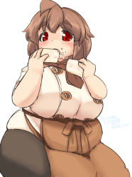 Rule 34 | 1girl, ahoge, ascot, bad id, bad pixiv id, breasts, brown hair, cake, chef, eating, eno konoe, eyebrows, fat, food, food on face, huge breasts, looking at viewer, mikomu, obese, original, red eyes, short hair, skirt, solo, strawberry shortcake, thick eyebrows