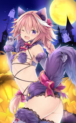 Rule 34 | 1boy, ;d, animal ears, ass, astolfo (fate), bat (animal), blush, braid, cosplay, cowboy shot, elbow gloves, fang, fate/grand order, fate (series), flat chest, fox ears, fox tail, from side, full moon, fur-trimmed gloves, fur trim, ghost, gloves, hair between eyes, index finger raised, jack-o&#039;-lantern, looking at viewer, male focus, mash kyrielight, mash kyrielight (dangerous beast), mash kyrielight (dangerous beast) (cosplay), medjed (fate), moon, multicolored hair, natsume eri, nitocris (fate), nitocris (fate/grand order), nitocris (swimsuit assassin) (fate), official alternate costume, one eye closed, open mouth, pink hair, purple eyes, purple legwear, single braid, smile, solo focus, streaked hair, tail, thighhighs, thighs, trap, tsurime, twitter username, white hair