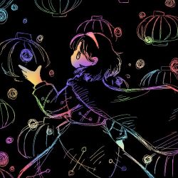 Rule 34 | 1girl, black background, cape, from behind, hairband, long sleeves, matsumoto oka, patchwork clothes, rainbow, short hair, solo, standing, tenkyuu chimata, touhou