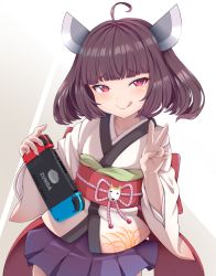 Rule 34 | 1girl, :q, ahoge, brown hair, commentary request, hair ornament, handheld game console, highres, holding, holding handheld game console, japanese clothes, kimono, looking at viewer, medium hair, nintendo switch, obi, purple skirt, red eyes, sash, skirt, solo, tokiro ed29689, tongue, tongue out, touhoku kiritan, v, voiceroid, wide sleeves