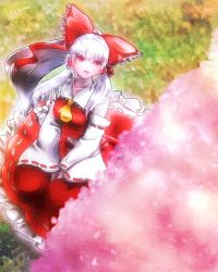 Rule 34 | 1girl, albino, alternate hair color, ascot, aura, between legs, bow, cherry blossoms, colored skin, commentary request, detached sleeves, frilled skirt, frills, hair bow, hair tubes, hakurei reimu, hand between legs, highres, long hair, looking up, midriff, navel, outdoors, pale skin, parted lips, ponytail, red eyes, sakuya (sa ku yan), seiza, sidelocks, sitting, skirt, skirt set, solo, texture, touhou, white hair, white skin, wind