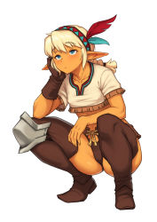Rule 34 | 1girl, :/, blonde hair, blue eyes, boots, brown footwear, brown gloves, brown shirt, brown shorts, closed mouth, collarbone, colored skin, commentary, crop top, elf, english commentary, feather hair ornament, feathers, fringe trim, full body, gloves, hair ornament, hairband, head rest, highres, joan (nestkeeper), knee guards, long hair, looking away, low ponytail, micro shorts, nestkeeper, orange skin, original, pointy ears, rope, shirt, short sleeves, shorts, sidelocks, simple background, single glove, solo, squatting, thigh boots, white background