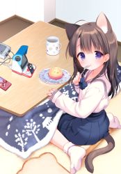 Rule 34 | 1girl, :t, ahoge, animal ear fluff, animal ears, blue bow, blue skirt, blush, bobby socks, bow, brown hair, cat ears, cat girl, cat tail, cellphone, closed mouth, commentary request, cup, extra ears, food, fork, hair between eyes, holding, holding fork, indoors, kotatsu, long hair, long sleeves, looking at viewer, looking to the side, mug, no shoes, original, phone, piyodera mucha, plate, pleated skirt, purple eyes, sailor collar, school uniform, serafuku, shirt, sitting, skirt, sleeves past wrists, socks, soles, solo, table, tail, wariza, white sailor collar, white shirt, white socks