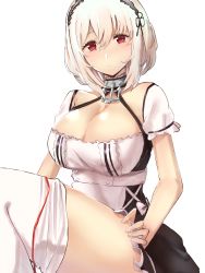 Rule 34 | 1girl, absurdres, azur lane, bad id, bad pixiv id, breasts, choker, cleavage, collarbone, cuffs, dress, hairband, highres, large breasts, looking at viewer, lumda, maid, maid headdress, nib pen (medium), red eyes, shackles, short hair, silver hair, sirius (azur lane), solo, thighhighs, tight clothes, traditional media, white background, white thighhighs