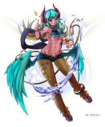 Rule 34 | 1girl, :q, abs, alcohol, animal ears, aqua hair, ars goetia, bare shoulders, blonde hair, breasts, character name, crop top, cup, drinking glass, feathered wings, glass, gold, gradient hair, groin, hooves, horns, long hair, low wings, monster girl, multicolored hair, muscular, muscular female, navel, original, purple eyes, shawl, short shorts, shorts, solo, sud (sudea), tail, tongue, tongue out, underboob, water, wine, wine glass, wings