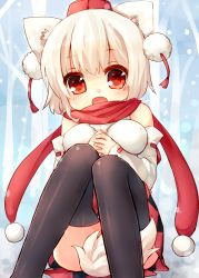 Rule 34 | 1girl, animal ears, bad id, bad pixiv id, bare shoulders, black thighhighs, blush, breasts, detached sleeves, female focus, hat, highres, inubashiri momiji, medium breasts, open mouth, red eyes, sawatari (sado), scarf, short hair, sitting, skirt, solo, tail, thighhighs, tokin hat, touhou, white hair, wolf ears, wolf tail