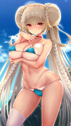Rule 34 | 1girl, areola slip, arm under breasts, azur lane, bikini, blue bikini, blush, braid, breasts, brown hair, cleavage, collarbone, commentary request, covered erect nipples, double bun, formidable (azur lane), formidable (the lady of the beach) (azur lane), hair bun, highres, large breasts, long hair, looking at viewer, micro bikini, navel, official alternate costume, outdoors, parted lips, red eyes, resolution mismatch, revision, sideboob, sigma rio, single thighhigh, sky, solo, source smaller, standing, swimsuit, thighhighs, thighs, underboob, very long hair, white thighhighs