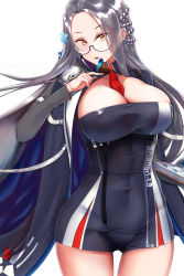 Rule 34 | 1girl, azur lane, between breasts, blue cloak, book, braid, breasts, brown eyes, bug, butterfly, cleavage, cloak, collarbone, collared dress, commentary request, covered erect nipples, covered navel, cowboy shot, dress, fingernails, floating hair, french braid, glasses, gluteal fold, grey hair, hair ornament, highres, holding, holding book, insect, large breasts, long hair, long sleeves, looking at viewer, necktie, necktie between breasts, open mouth, out of frame, red necktie, round eyewear, semi-rimless eyewear, shangri-la (azur lane), shiraishiakina, short dress, side braid, sidelocks, simple background, skindentation, smile, snowflake hair ornament, solo, white background