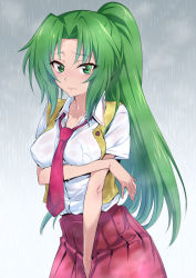 Rule 34 | 1girl, breast hold, breasts, closed mouth, commentary request, dress shirt, frown, green eyes, green hair, grey sky, highres, higurashi no naku koro ni, long hair, looking at viewer, loose necktie, nakahira guy, necktie, overcast, parted bangs, pleated skirt, ponytail, rain, red necktie, red skirt, school uniform, shirt, short sleeves, skirt, sky, solo, sonozaki mion, standing, vest, wet, wet clothes, white shirt, wing collar, yellow vest