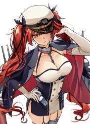 Rule 34 | 1girl, adjusting hair, azur lane, between breasts, breasts, chain, cleavage, collaboration, commentary, dress, elbow gloves, english commentary, garter straps, gloves, hair ribbon, hand on own hip, hat, honolulu (azur lane), jacket, jacket on shoulders, jun project, large breasts, long hair, military hat, orange eyes, red hair, ribbon, sakon04, simple background, solo, turret, twintails, very long hair, white background
