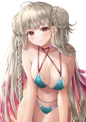 Rule 34 | 1girl, absurdres, ahoge, azur lane, bare arms, bare shoulders, bikini, blue bikini, braid, breasts, cleavage, double bun, feathered wings, formidable (azur lane), formidable (the lady of the beach) (azur lane), fujimori shiki, grey hair, hair bun, highres, large breasts, long hair, looking at viewer, navel, official alternate costume, parted lips, red eyes, simple background, solo, stomach, swimsuit, thigh gap, thighs, twin braids, very long hair, white background, wings