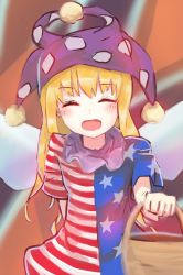 Rule 34 | 1girl, american flag dress, ba9ked, blonde hair, blush, closed eyes, clownpiece, commentary request, fairy wings, halloween, happy, hat, jester cap, long hair, looking at viewer, open mouth, short sleeves, smile, solo, touhou, trick or treat, upper body, wings