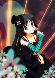 Rule 34 | 00s, 1girl, akiyama mio, aqua nails, asymmetrical clothes, bad id, bare shoulders, black dress, black hair, blue eyes, breasts, cane, cleavage, don&#039;t say &quot;lazy&quot;, dress, elbow gloves, facepaint, flower, gloves, hat, highres, k-on!, long hair, mao yu, microphone, mini hat, mini top hat, nail polish, single glove, solo, striped clothes, striped gloves, top hat