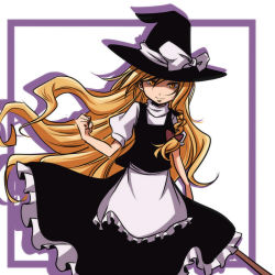 Rule 34 | 1girl, apron, black dress, black hat, blonde hair, broom, clenched hand, commentary request, cowboy shot, cropped legs, dress, fist pump, hat, hat ribbon, holding, holding broom, kirisame marisa, long hair, looking at viewer, puffy sleeves, ribbon, short sleeves, smile, solo, tottsuman, touhou, very long hair, waist apron, white ribbon, witch hat, yellow eyes