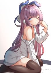 Rule 34 | 1girl, absurdres, azur lane, bare shoulders, between legs, blue eyes, blush, brown thighhighs, closed mouth, collarbone, collared shirt, commentary request, dress shirt, gradient background, hand between legs, hand up, highres, long hair, long sleeves, looking at viewer, moyoron, no shoes, off shoulder, purple hair, shirt, sitting, solo, tashkent (azur lane), thighhighs, very long hair, wariza, white background, white shirt