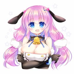 Rule 34 | 1girl, azur lane, bell, blue eyes, breasts, cleavage, commentary request, cropped torso, crossed arms, detached sleeves, hair between eyes, hair ornament, hairclip, large breasts, looking at viewer, open mouth, pink hair, portrait, ribbon, shikito (yawa0w0), simple background, solo, suffolk (azur lane), white background