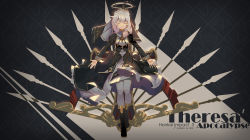 Rule 34 | 1girl, black footwear, boots, closed eyes, closed mouth, cross (weapon), full body, hair between eyes, halo, highres, honkai (series), honkai impact 3rd, leg up, long sleeves, nun, outstretched arms, polearm, side ponytail, solo, spear, standing, standing on one leg, theresa apocalypse, theresa apocalypse (valkyrie pledge), thighhighs, weapon, white hair, white thighhighs, zxllor