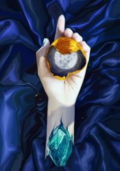Rule 34 | 1other, androgynous, aqua nails, bed sheet, blue background, cracked skin, full moon, gold, hand focus, highres, holding, houseki no kuni, light particles, moon, nail polish, orb, other focus, phosphophyllite, phosphophyllite (gemstone), quanxiahanyan, severed hand, severed limb, solo, surreal