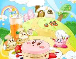 Rule 34 | apron, blue eyes, blueberry, blush, blush stickers, brown eyes, brown hat, bunting, bush, chef hat, chimney, cloud, cup, day, drinking glass, flat cap, food, fork, froth, fruit, hat, highres, kinuyo (kinuxi), kirby, kirby (series), maxim tomato, nintendo, no humans, open mouth, outdoors, pancake, pennant, plate, rainbow, raspberry, smile, smoke, spoon, star (symbol), star pin, strawberry, tree, waddle dee, white hat