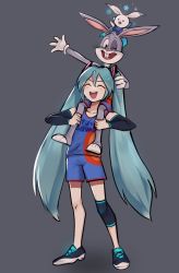 Rule 34 | 1girl, aqua hair, basketball court, bugs bunny, rabbit, carrying, closed eyes, full body, grey background, hatsune miku, highres, long hair, looney tunes, one eye closed, open mouth, piggyback, simple background, space jam: a new legacy, sportswear, standing, tagme, very long hair, vocaloid