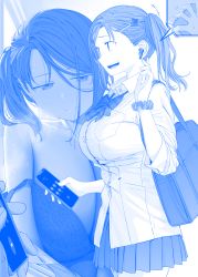 Rule 34 | 2girls, airpods, blue theme, bra, breasts, cellphone, cleavage, collarbone, commentary request, earphones, getsuyoubi no tawawa, half-closed eyes, highres, himura kiseki, large breasts, multiple girls, open mouth, parted bangs, phone, plaid neckwear, pleated skirt, scrunchie, shirt, siblings, side ponytail, sisters, skirt, smartphone, smile, sweat, twins, underwear, white shirt, wireless earphones, wrist scrunchie