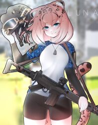 Rule 34 | 1girl, absurdres, animal ear fluff, animal ears, battle rifle, bike shorts, black shorts, blue eyes, blue shirt, blush, brown hair, camouflage, camouflage shirt, cat ears, cat girl, cat tail, character request, combat helmet, crossed bangs, dog tags, fn fal, gun, gun sling, helmet, highres, jewelry, looking at viewer, necklace, neptune zx, original, outdoors, red dot sight, rifle, shirt, shorts, skin tight, smile, solo, tail, tight clothes, tight shirt, weapon, white shirt