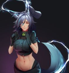 Rule 34 | 1girl, 3;, ahoge, animal ears, black gloves, blue electricity, blue eyes, blue hair, braid, breast pocket, breasts, cowboy shot, disembodied hand, ear fondling, electricity, energy, gloves, gradient background, groin, hair between eyes, headpat, highres, large breasts, less, lightning, looking at viewer, midriff, monster girl encyclopedia, navel, one eye closed, pocket, raiju (monster girl encyclopedia), short sleeves, solo focus, tail, twin braids, white electricity