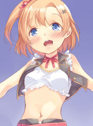 Rule 34 | 10s, 1girl, blue eyes, blush, brown hair, hair ornament, hairclip, kosaka honoka, looking at viewer, love live!, love live! school idol project, midriff, mikage sekizai, navel, no brand girls, open mouth, outstretched arms, short hair, side ponytail, smile, solo, spread arms