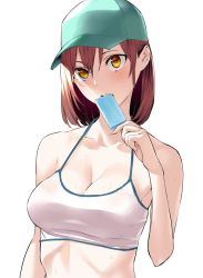 Rule 34 | 1girl, arm at side, bare arms, bare shoulders, baseball cap, breasts, brown hair, cleavage, collarbone, commentary request, crop top, eating, fang, fingernails, food, green hat, hair between eyes, hand up, hat, hiiragi yuuichi, long fingernails, looking at viewer, medium breasts, original, popsicle, short hair, simple background, sleeveless, solo, spaghetti strap, sweat, teeth, upper body, white background, yellow eyes
