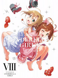 Rule 34 | 10s, 2girls, ;d, album cover, animal ears, back-to-back, bare shoulders, barefoot, blonde hair, blush, boots, brown hair, cat ears, copyright name, cover, dress, dvd cover, fang, feet, full body, green eyes, highres, idolmaster, idolmaster cinderella girls, jewelry, legs, locked arms, maekawa miku, multiple girls, necklace, official art, one eye closed, open mouth, pendant, pink dress, sandals, unworn sandals, shoes, unworn shoes, short hair, smile, soles, tada riina, toes, white background, white dress