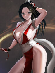 Rule 34 | 1girl, arm up, black eyes, breasts, center opening, collarbone, contrapposto, dress, fatal fury, hand fan, high ponytail, highres, holding, holding fan, long hair, looking at viewer, motoyui, no panties, pelvic curtain, red dress, revealing clothes, rokuba, sash, shiranui mai, solo, standing, white sash, wrist cuffs