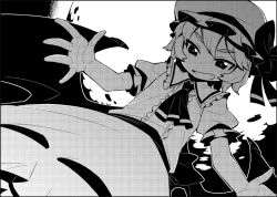 Rule 34 | 1girl, chacha (tyatya), female focus, from below, greyscale, looking down, monochrome, open mouth, outstretched arm, outstretched arms, remilia scarlet, screentones, smile, solo, spread arms, touhou, wings