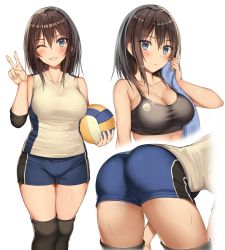 Rule 34 | 1girl, armpit crease, ass, ball, bare shoulders, bent over, black thighhighs, blue eyes, blue shorts, blush, breasts, brown hair, cleavage, closed mouth, collarbone, commentary request, grey shirt, grin, hair between eyes, hand up, hands on own thighs, head tilt, holding, holding ball, holding towel, kureha (ironika), large breasts, long hair, looking at viewer, medium breasts, multiple views, one eye closed, original, pantylines, shirt, shorts, sidelocks, simple background, sleeveless, sleeveless shirt, smile, sports bra, sportswear, sweat, taut clothes, teeth, thighhighs, thighs, towel, tsubasa (kureha), v, volleyball, volleyball (object), volleyball uniform, white background